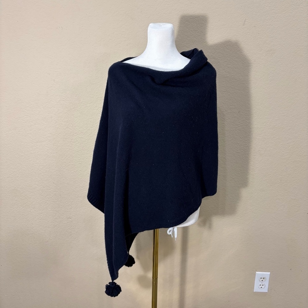 Talbots One Size Cashmere Wool Blend Navy Poncho Fringe Ball Classic Luxury